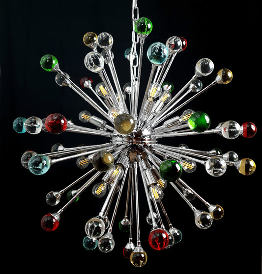Lampadario Murano Vintage, modello Sputnik. Con sfere di vetro di Murano colorate e fatte a mano. Designed and made in Venice,Italy
