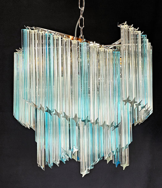 Lampadario Vintage Murano, stile Venini, anni'80.Modello Ventaglio.Vetri prismi di Murano cristallo e acquamare. Designed and Made in Italy.