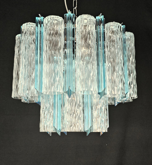 Lampadario Vintage di Murano, stile Barovier, anni'80. Con vetri di Murano prismi e tubi cilindro in cristallo. Designed and made in Italy