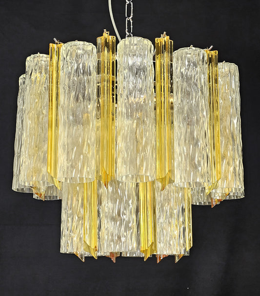 Lampadario Vintage di Murano, stile Barovier, anni'80. Vetri di Murano prismi ambra e tubi cilindro cristallo. Designed and made in Italy