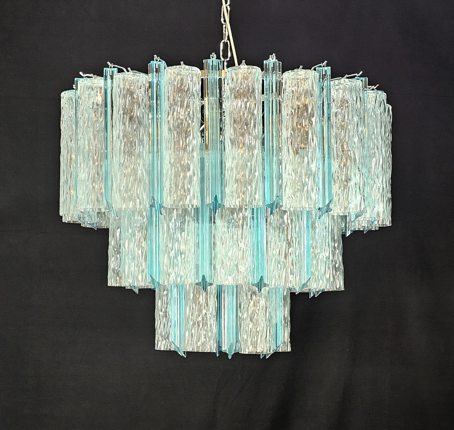 Lampadario Vintage di Murano, stile Barovier, anni'80. Con vetri di Murano prismi e tubi cilindro cristallo. Designed and made in Italy