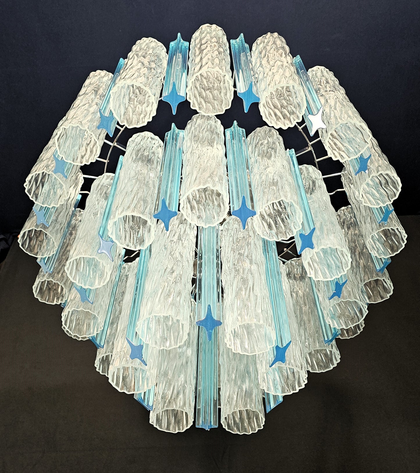 Lampadario Vintage di Murano, stile Barovier, anni'80. Con vetri di Murano prismi e tubi cilindro cristallo. Designed and made in Italy
