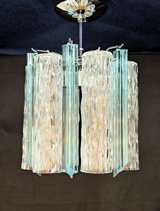 Lampada plafoniera Vintage di Murano,stile Barovier, anni'80. Con vetri di Murano prismi e cilindro cristallo. Designed and made in Italy