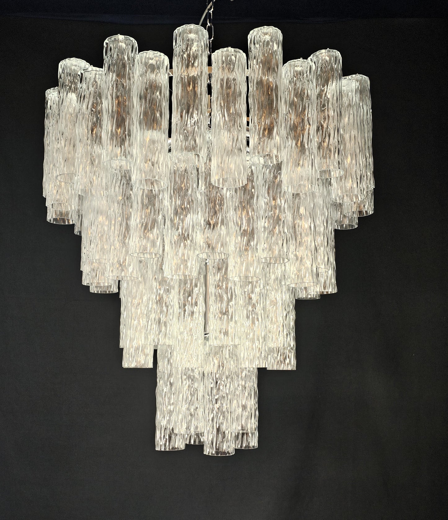 Lampadario Vintage Murano, stile Barovier, anni'80. Vetri di Murano tubi cilindro in cristallo. Designed and Made in Venice, Italy