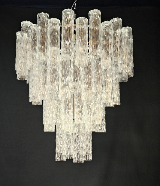 Lampadario Vintage Murano, stile Barovier, anni'80. Vetri di Murano tubi cilindro in cristallo. Designed and Made in Venice, Italy