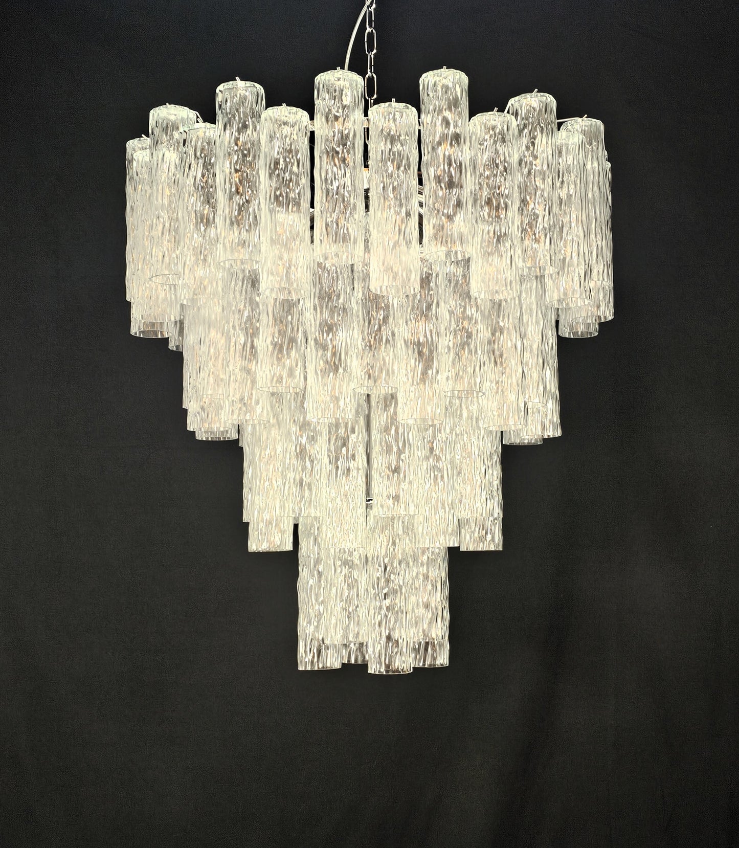 Lampadario Vintage Murano, stile Barovier, anni'80. Vetri di Murano tubi cilindro in cristallo. Designed and Made in Venice, Italy