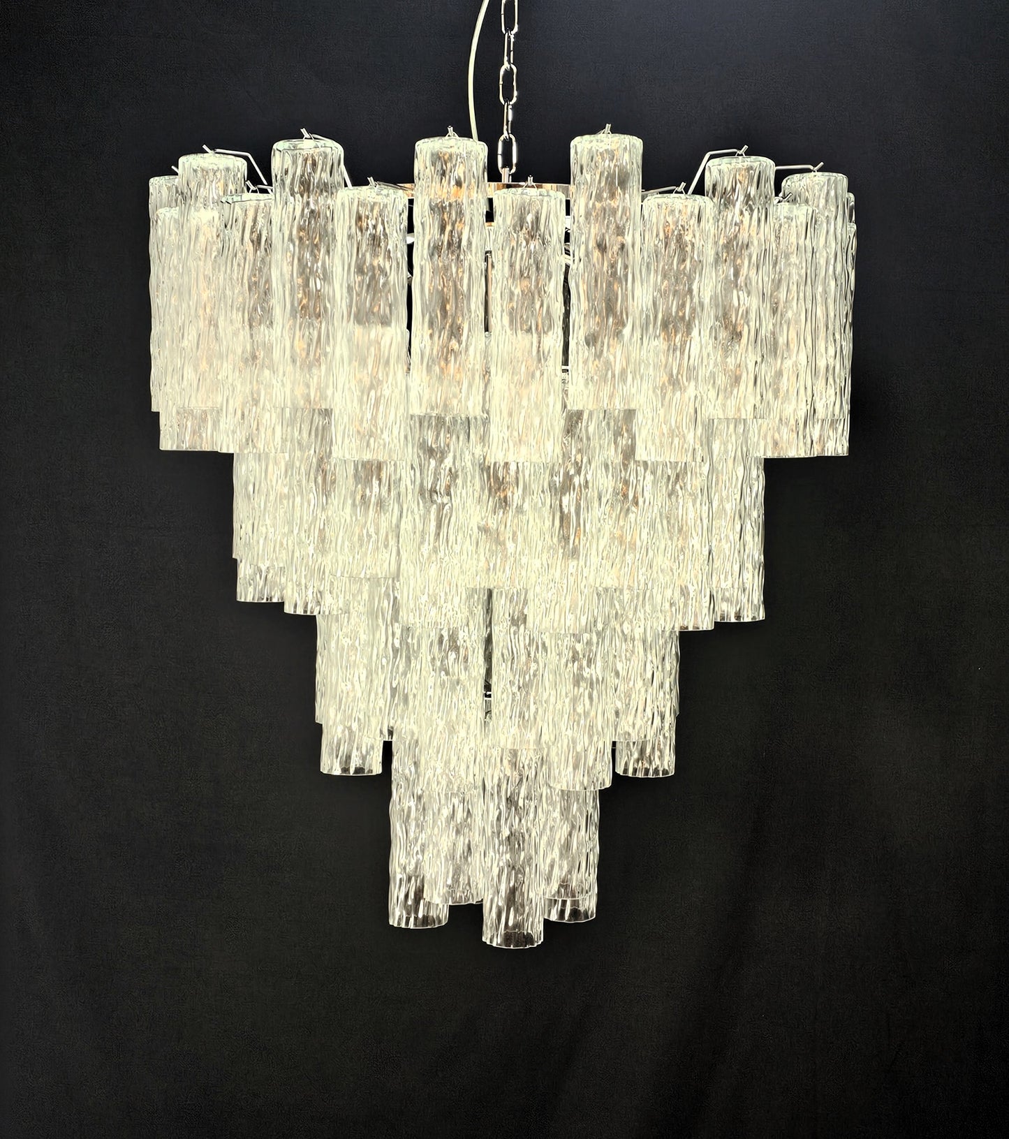 Lampadario Vintage Murano, stile Barovier, anni'80. Vetri di Murano tubi cilindro in cristallo. Designed and Made in Venice, Italy