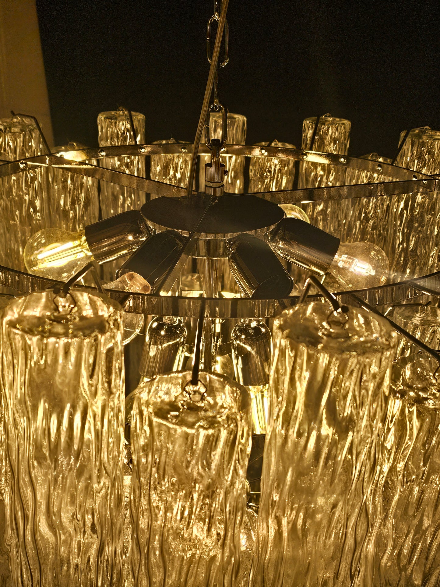 Lampadario Vintage Murano, stile Barovier, anni'80. Vetri di Murano tubi cilindro in cristallo. Designed and Made in Venice, Italy