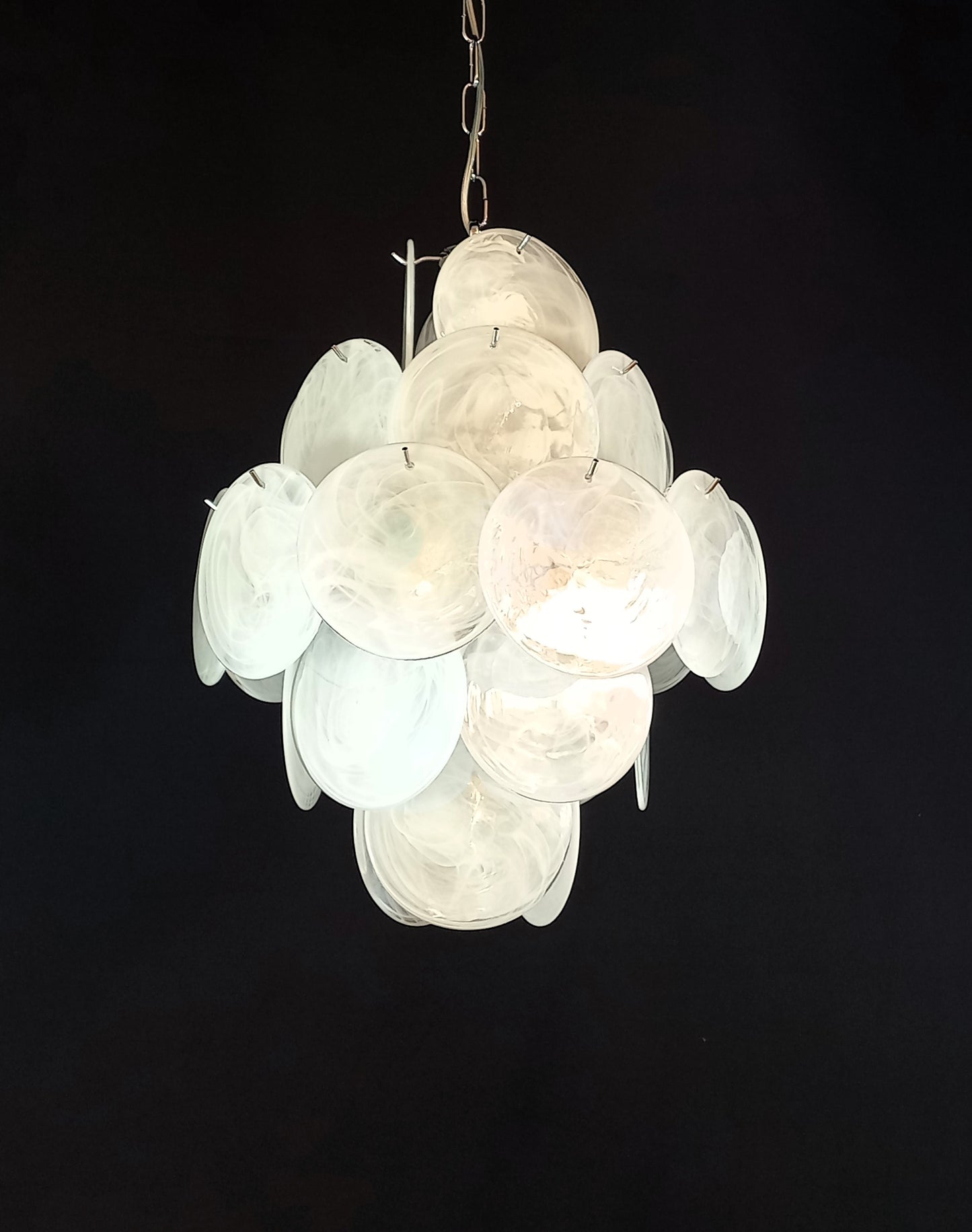 Murano Alabaster Disc Chandelier, with white Alabaster handmade Disc Glass, made in Murano Italy
