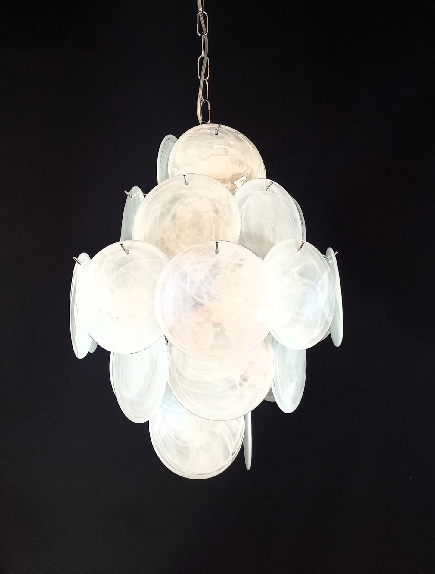 Murano Alabaster Disc Chandelier, with white Alabaster handmade Disc Glass, made in Murano Italy