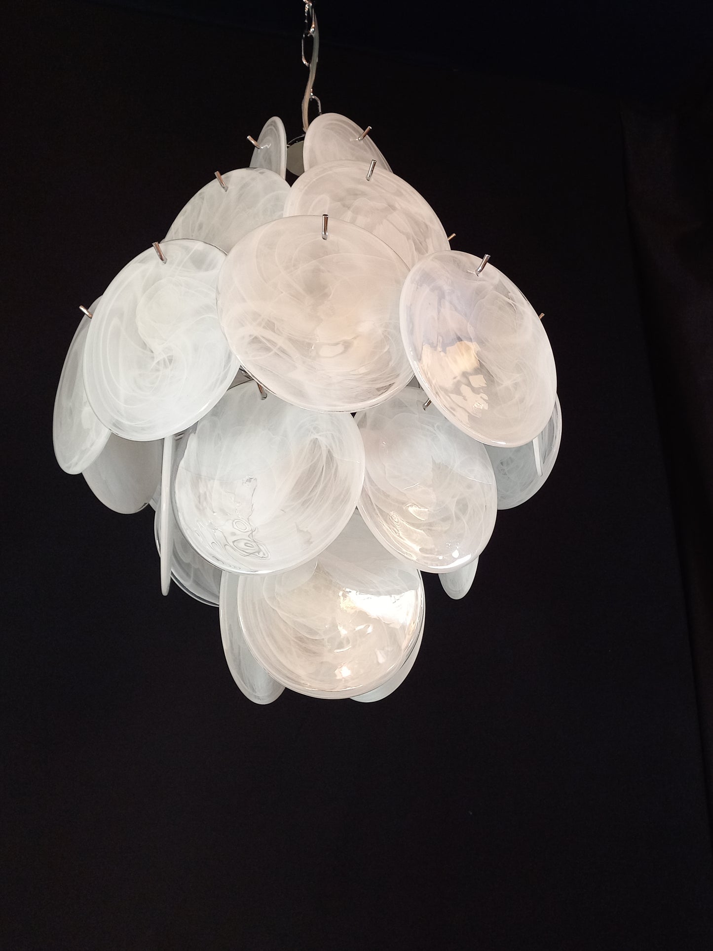Murano Alabaster Disc Chandelier, with white Alabaster handmade Disc Glass, made in Murano Italy
