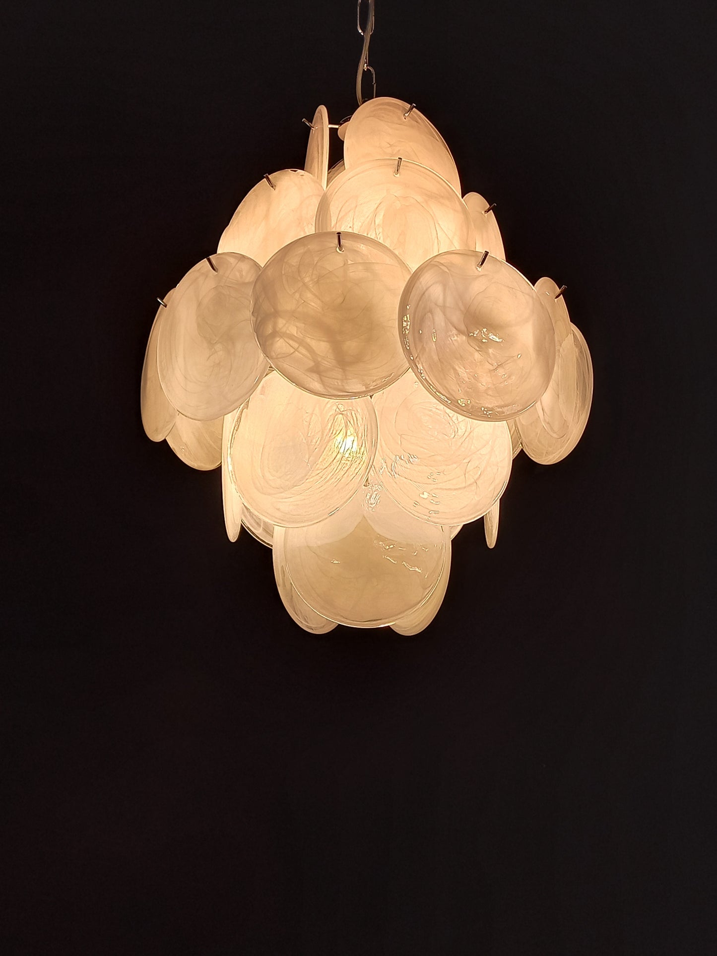 Murano Alabaster Disc Chandelier, with white Alabaster handmade Disc Glass, made in Murano Italy
