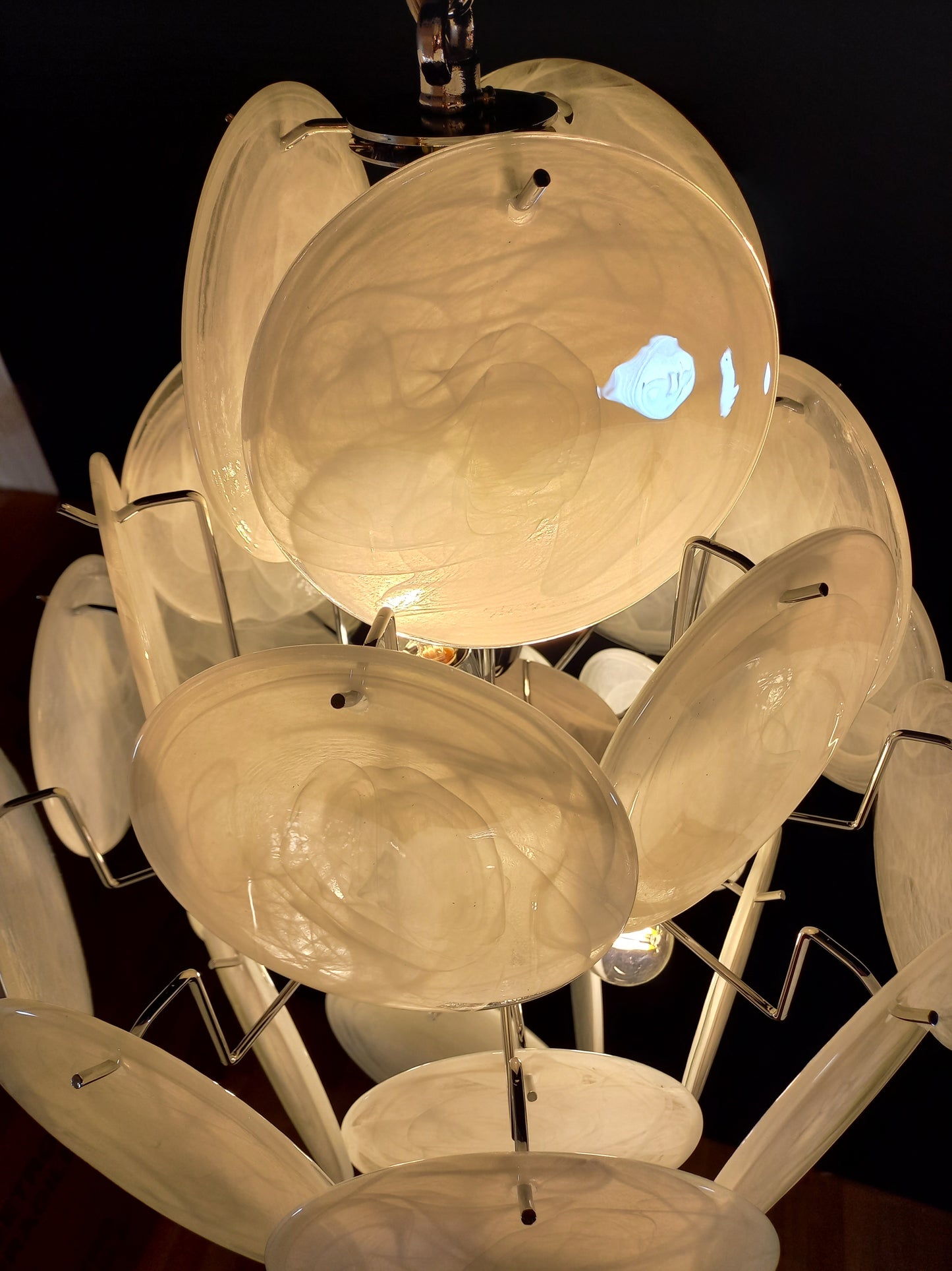 Murano Alabaster Disc Chandelier, with white Alabaster handmade Disc Glass, made in Murano Italy