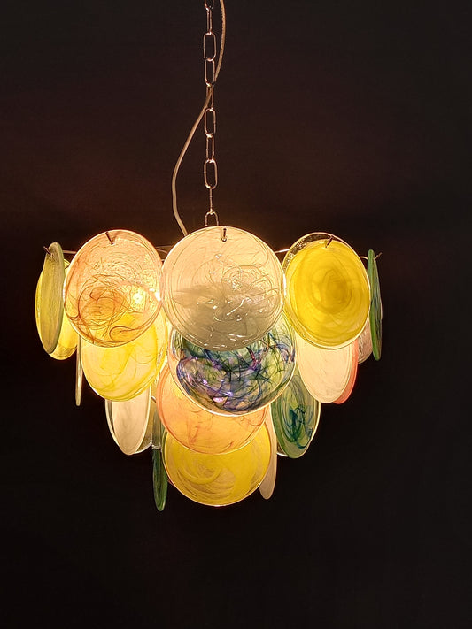 Vintage Murano Alabaster Disc Chandelier, with multicolor Alabaster handmade Disc Glass, made in Murano Italy in y.1981