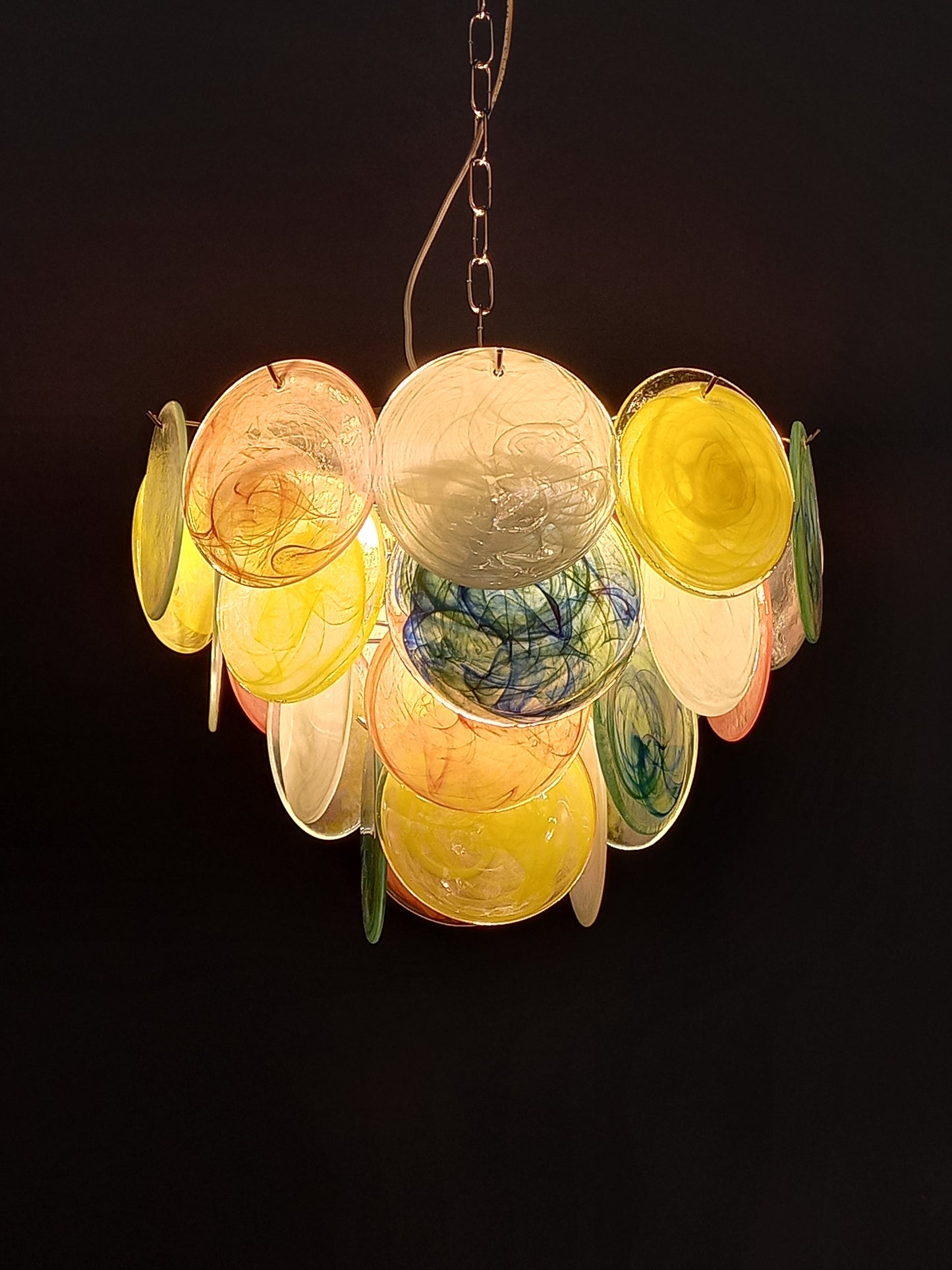 Vintage Murano Alabaster Disc Chandelier, with multicolor Alabaster handmade Disc Glass, made in Murano Italy in y.1981