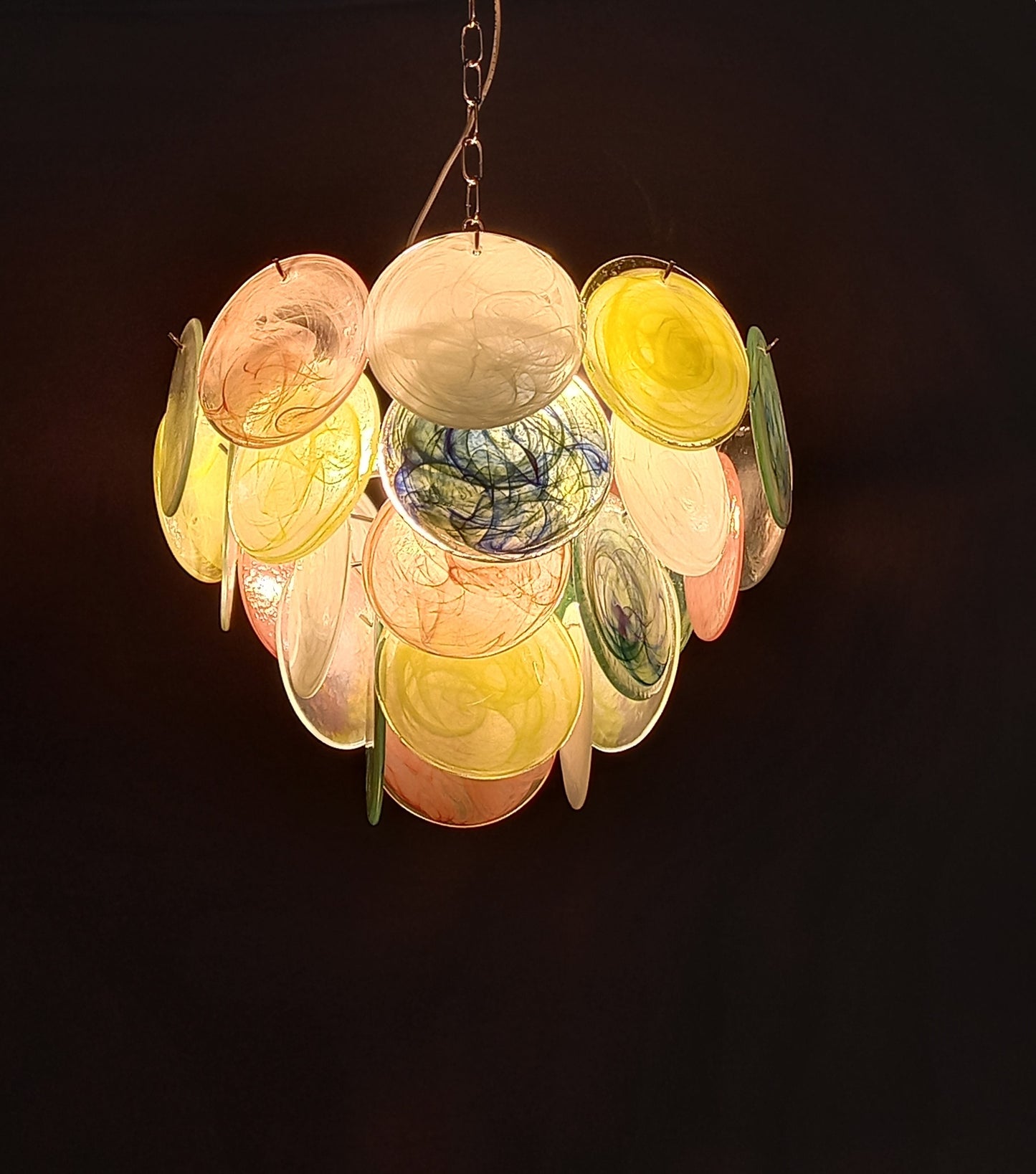 Vintage Murano Alabaster Disc Chandelier, with multicolor Alabaster handmade Disc Glass, made in Murano Italy in y.1981