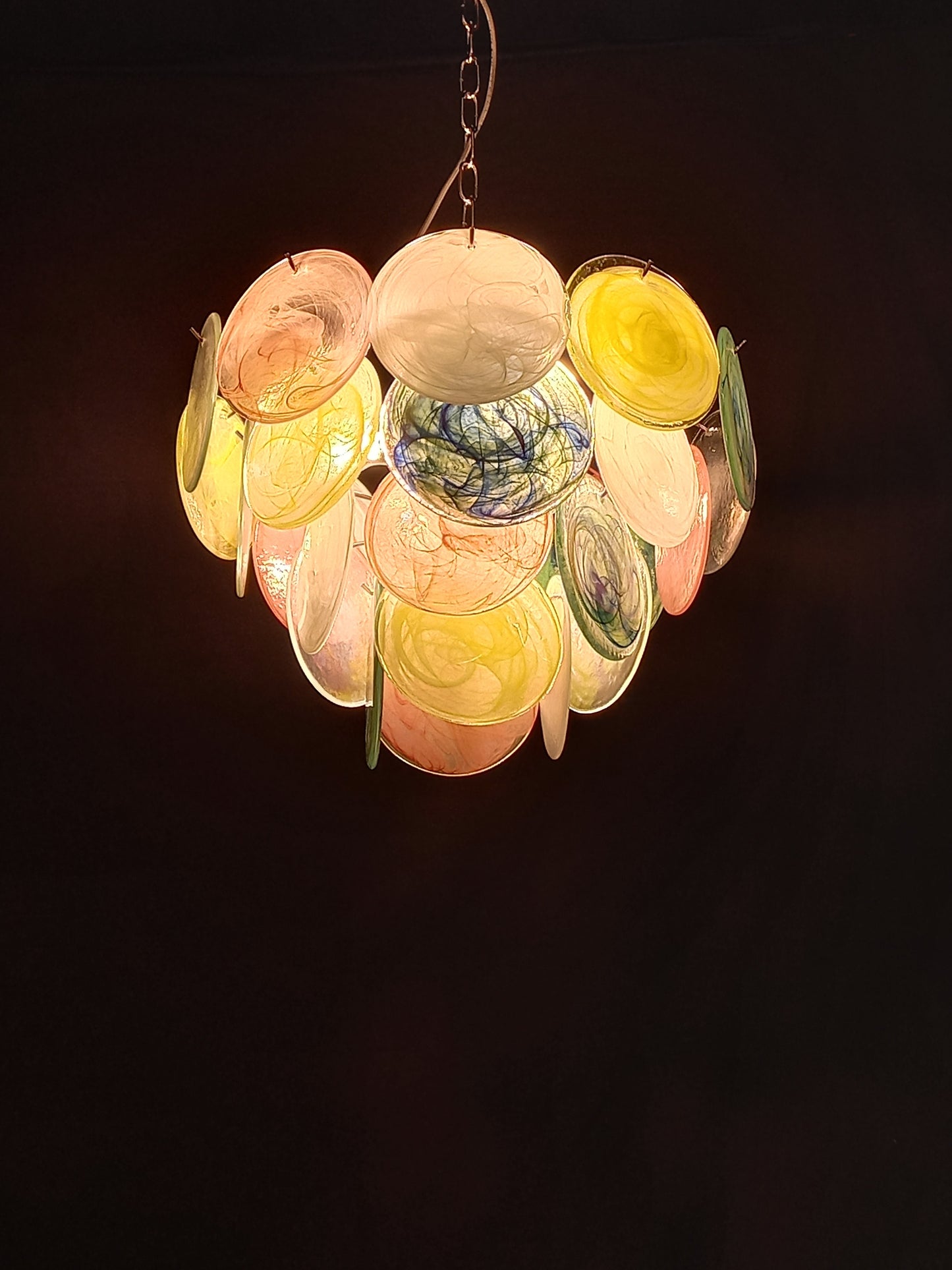 Vintage Murano Alabaster Disc Chandelier, with multicolor Alabaster handmade Disc Glass, made in Murano Italy in y.1981