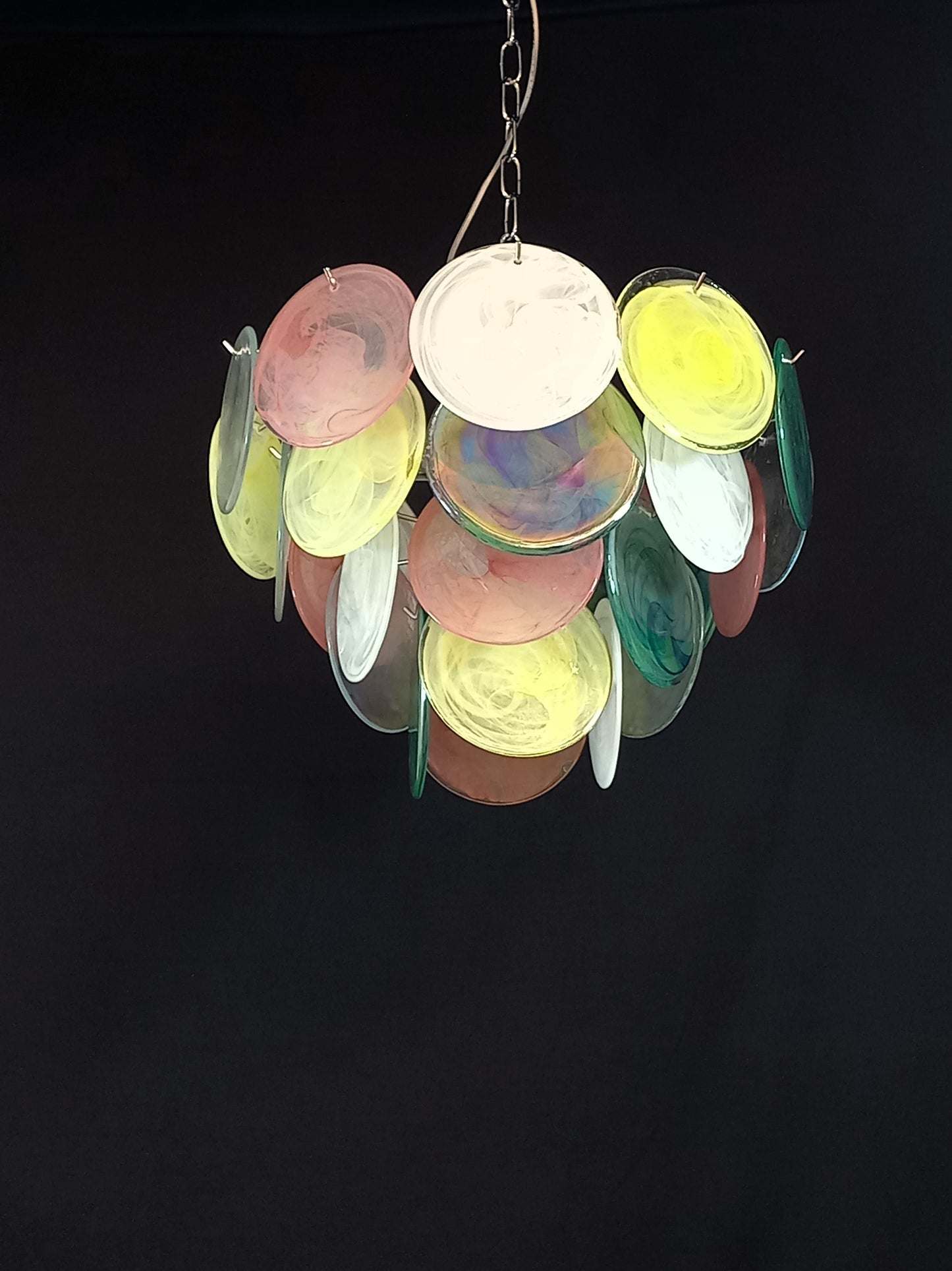 Vintage Murano Alabaster Disc Chandelier, with multicolor Alabaster handmade Disc Glass, made in Murano Italy in y.1981
