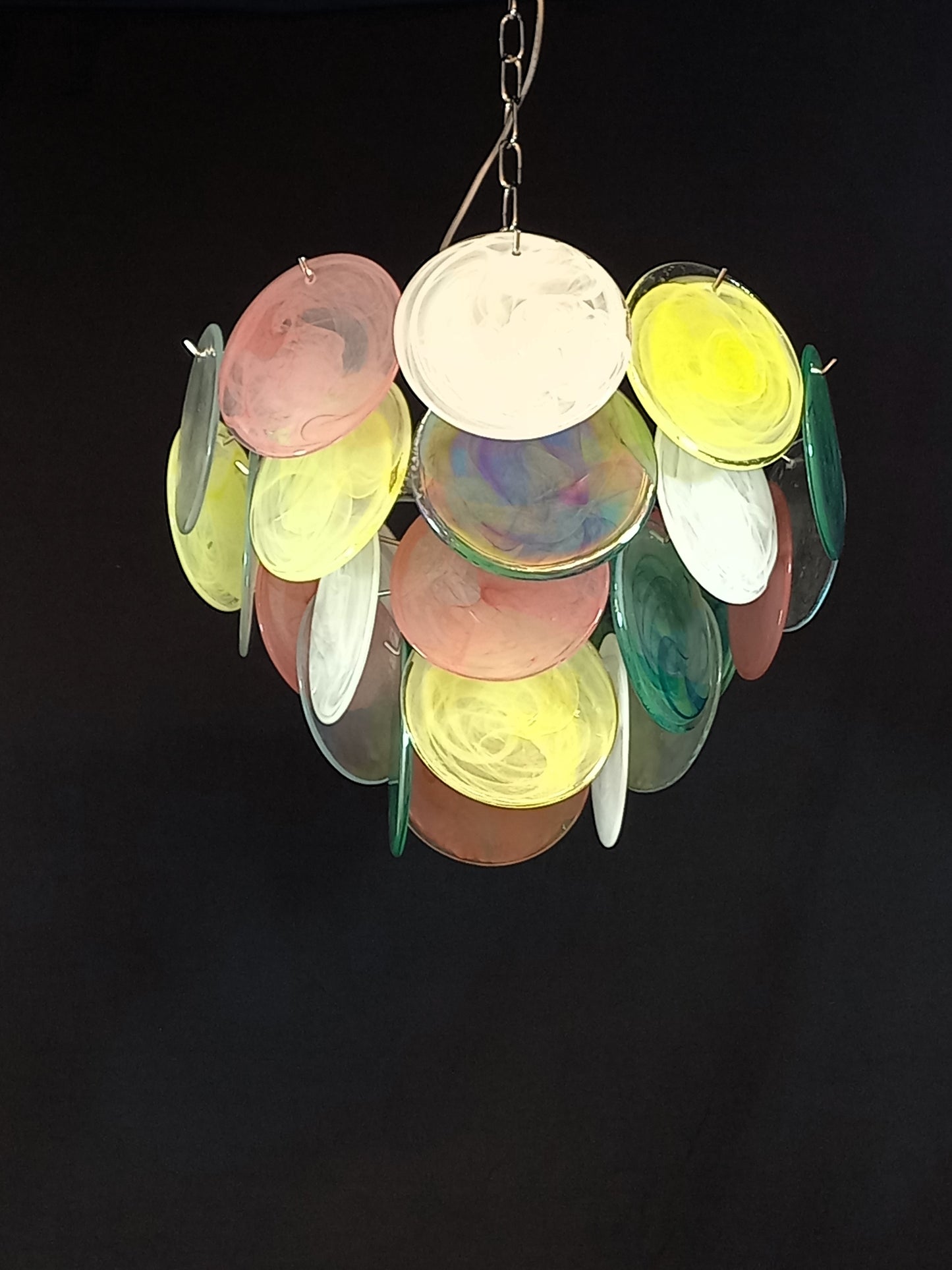 Vintage Murano Alabaster Disc Chandelier, with multicolor Alabaster handmade Disc Glass, made in Murano Italy in y.1981