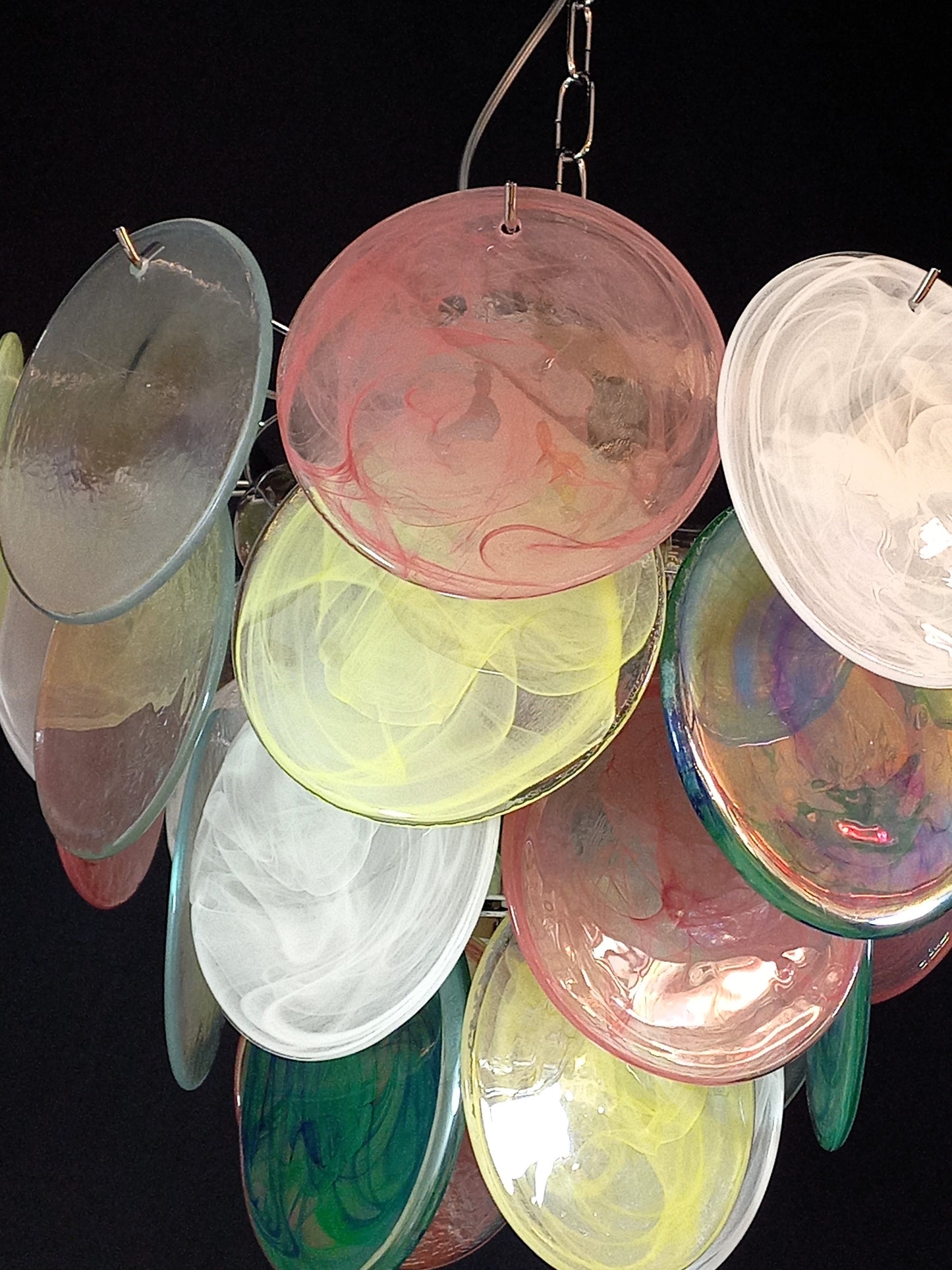 Vintage Murano Alabaster Disc Chandelier, with multicolor Alabaster handmade Disc Glass, made in Murano Italy in y.1981
