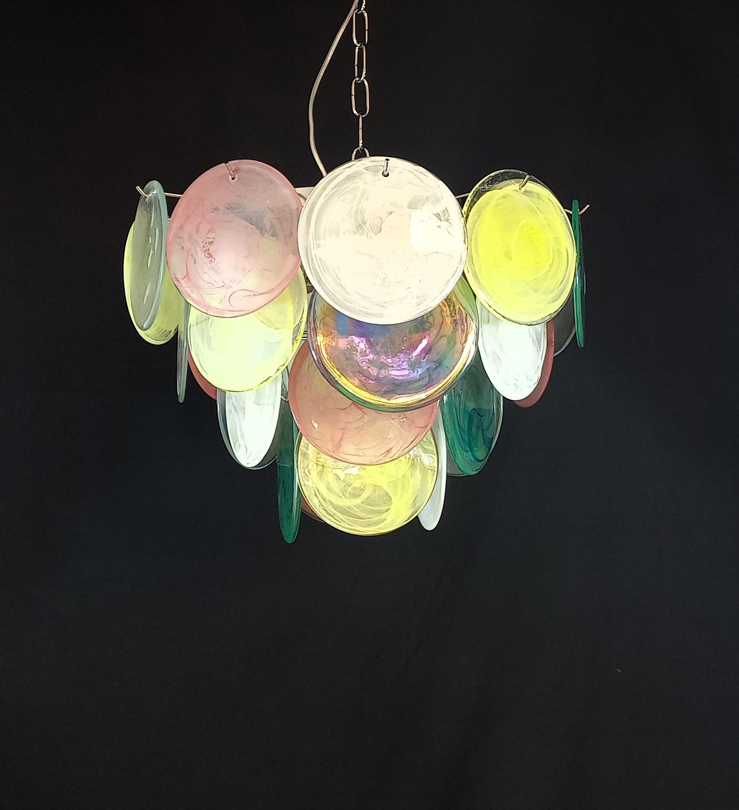 Vintage Murano Alabaster Disc Chandelier, with multicolor Alabaster handmade Disc Glass, made in Murano Italy in y.1981