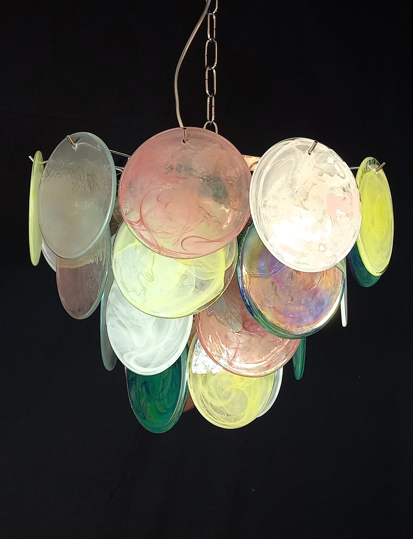 Vintage Murano Alabaster Disc Chandelier, with multicolor Alabaster handmade Disc Glass, made in Murano Italy in y.1981