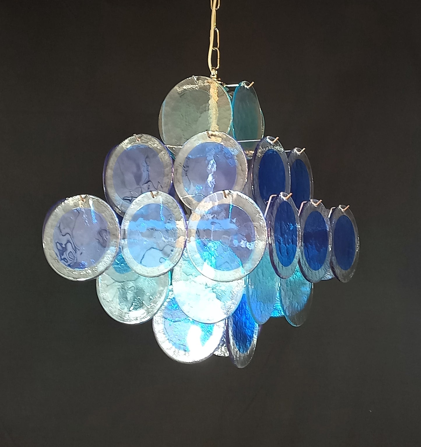 Lampadario Vintage quadrato a vetri dischi. Vetri dischi artigianali in cristallo, made in Murano, Italy