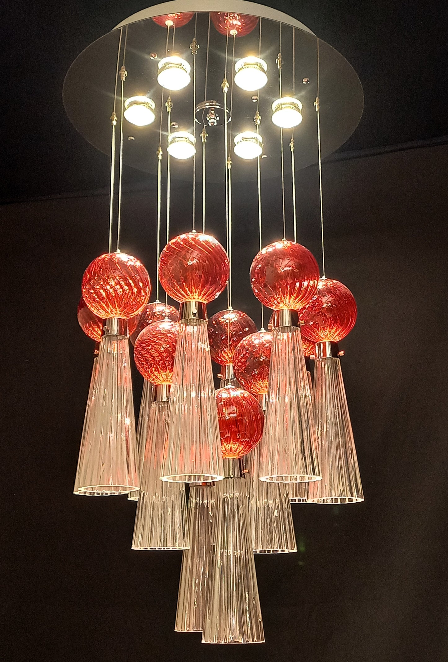 Imperiale Lampadario plafoniera a Led, con vetri di Murano fatti a mano. Regolabile. Made in Murano, Italy.