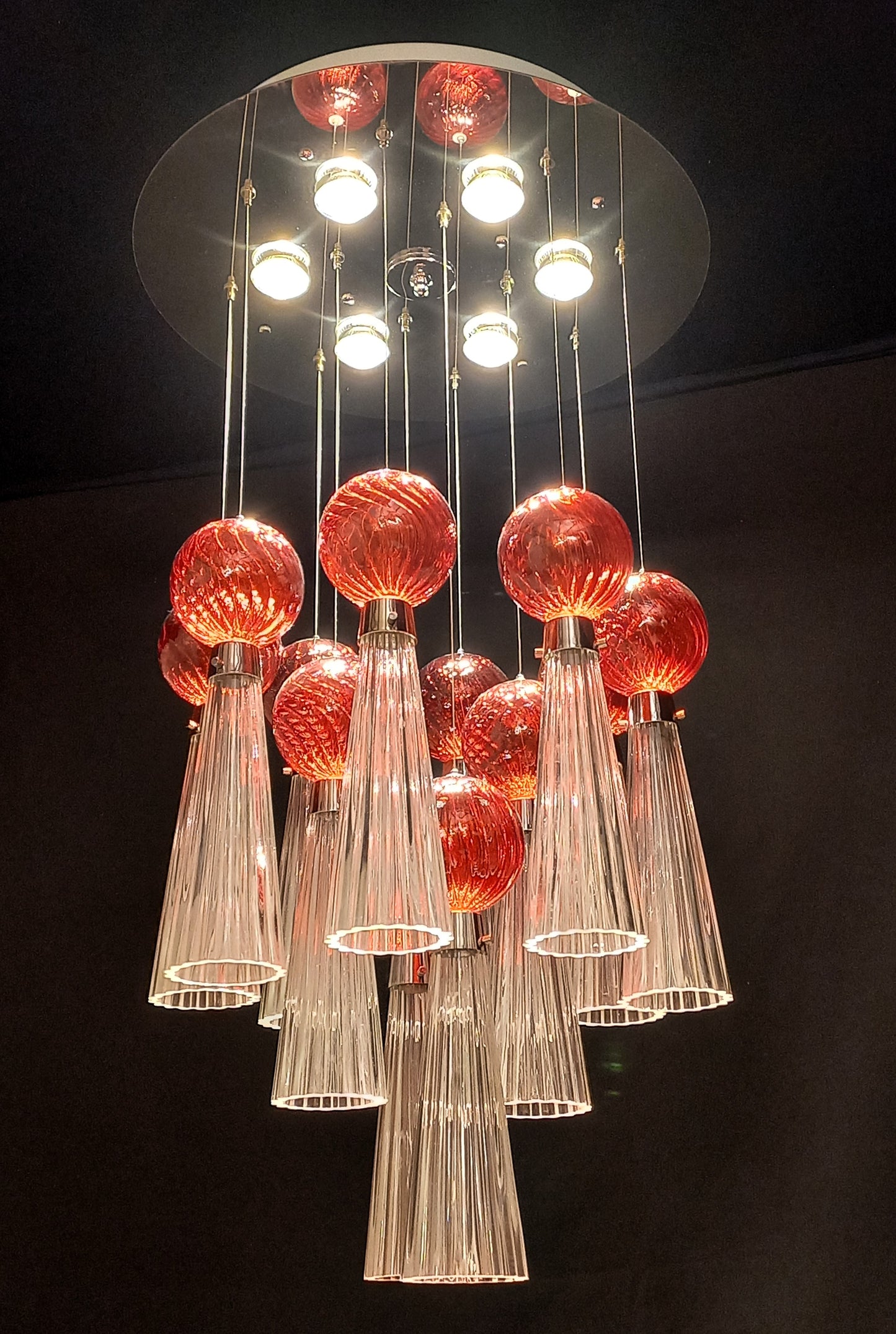 Imperiale Lampadario plafoniera a Led, con vetri di Murano fatti a mano. Regolabile. Made in Murano, Italy.