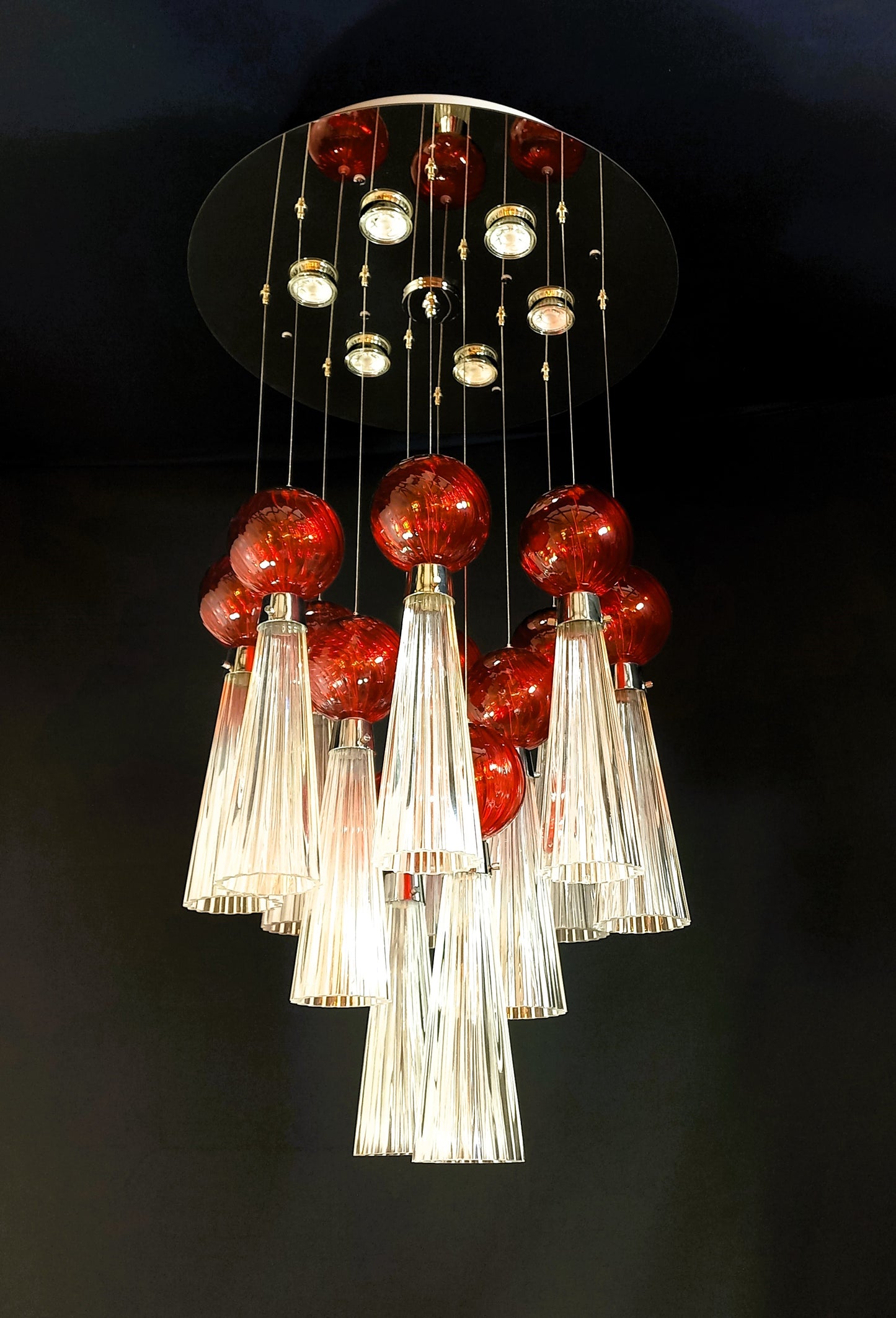 Imperiale Lampadario plafoniera a Led, con vetri di Murano fatti a mano. Regolabile. Made in Murano, Italy.