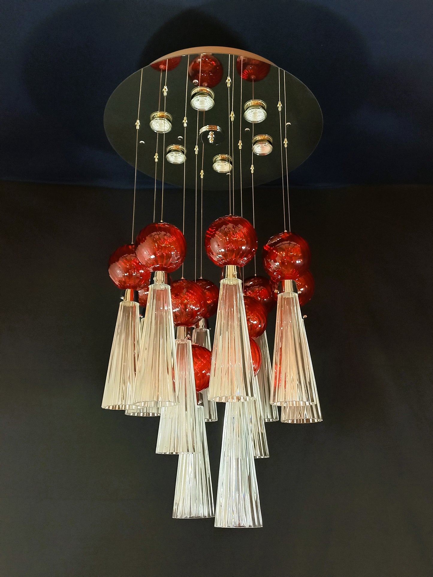 Imperiale Lampadario plafoniera a Led, con vetri di Murano fatti a mano. Regolabile. Made in Murano, Italy.