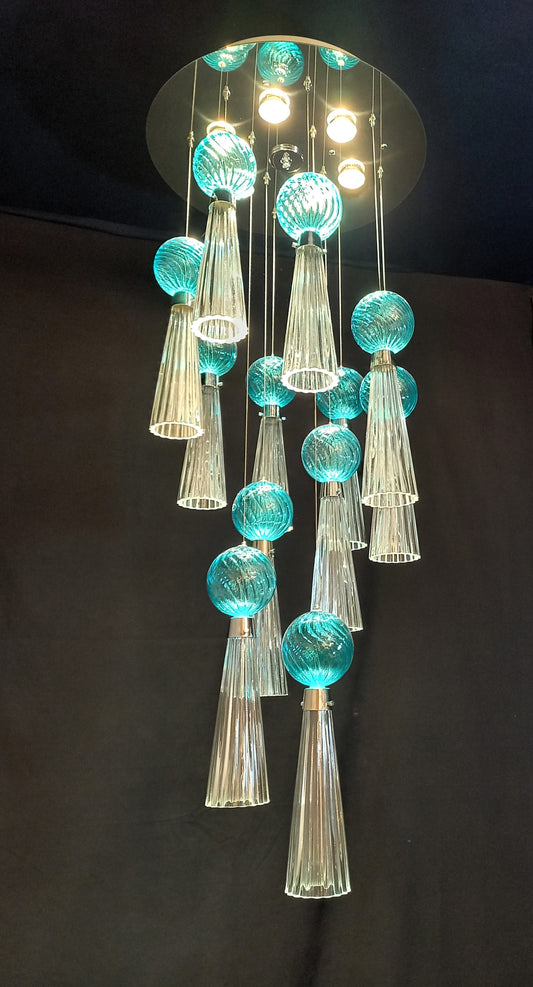 Plafoniera regolabile Vintage Art Déco con luci a led e vetro di Murano soffiato e fatto a mano, made in Murano, Italy