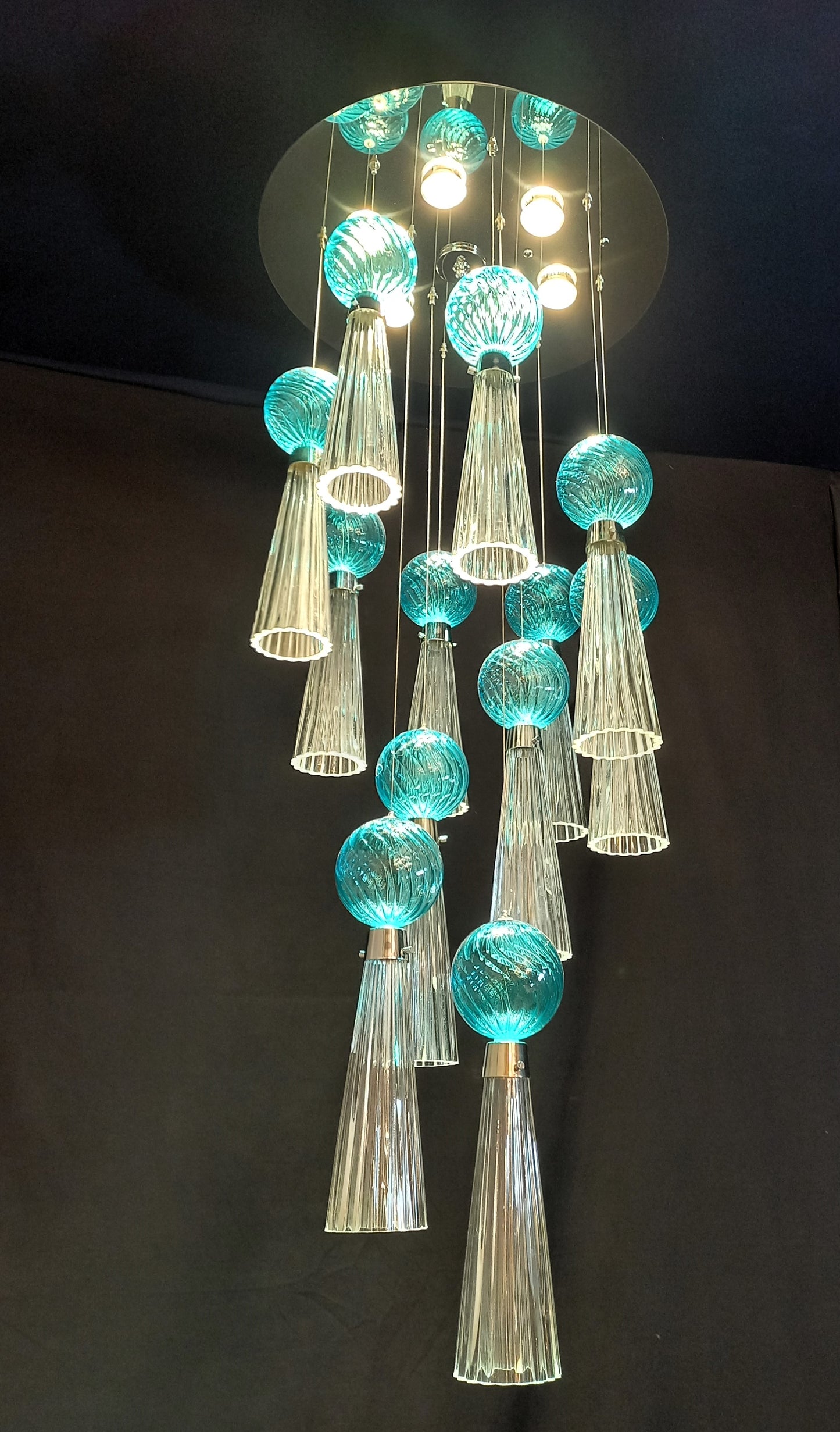 Plafoniera regolabile Vintage Art Déco con luci a led e vetro di Murano soffiato e fatto a mano, made in Murano, Italy
