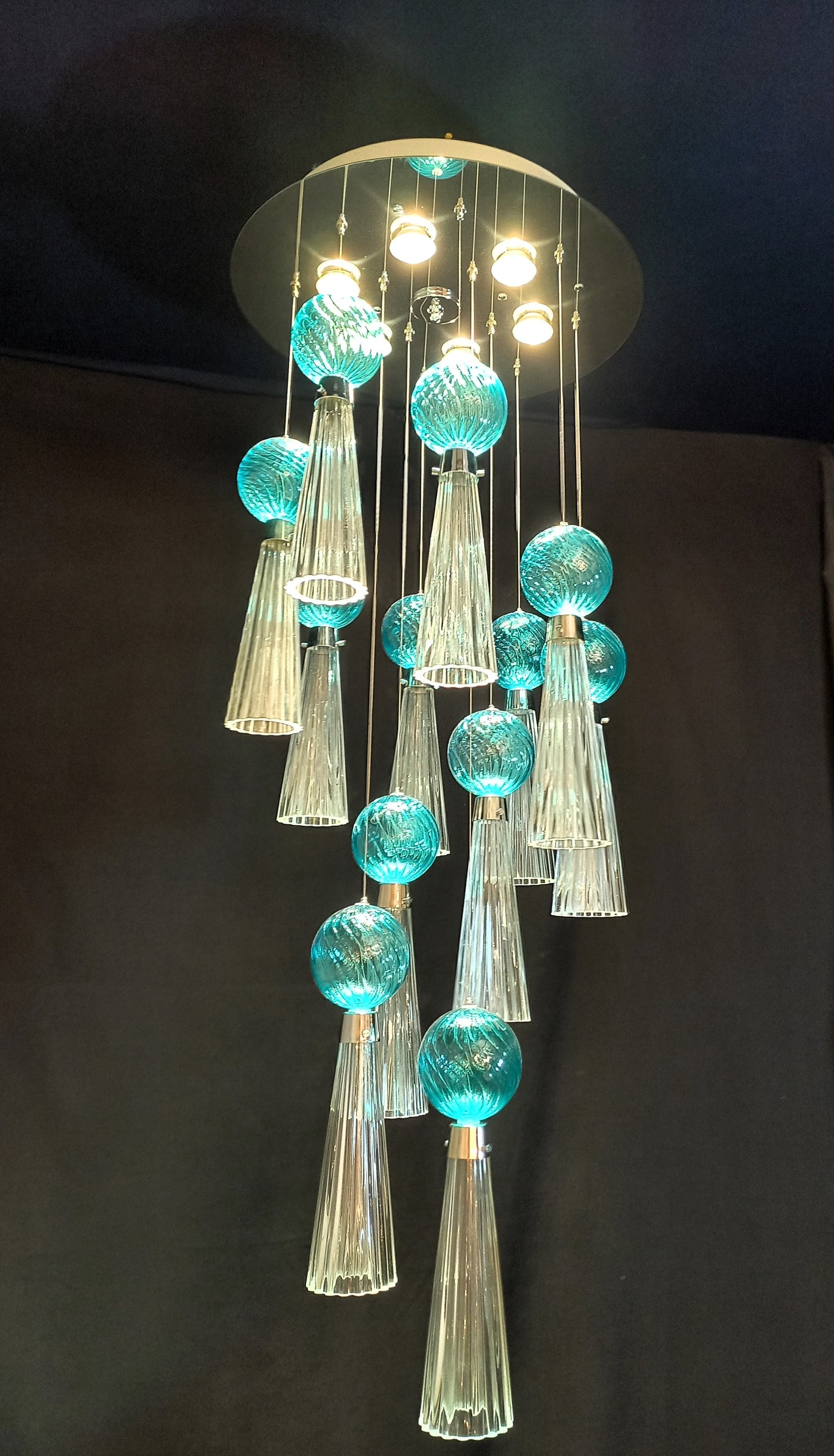 Plafoniera regolabile Vintage Art Déco con luci a led e vetro di Murano soffiato e fatto a mano, made in Murano, Italy