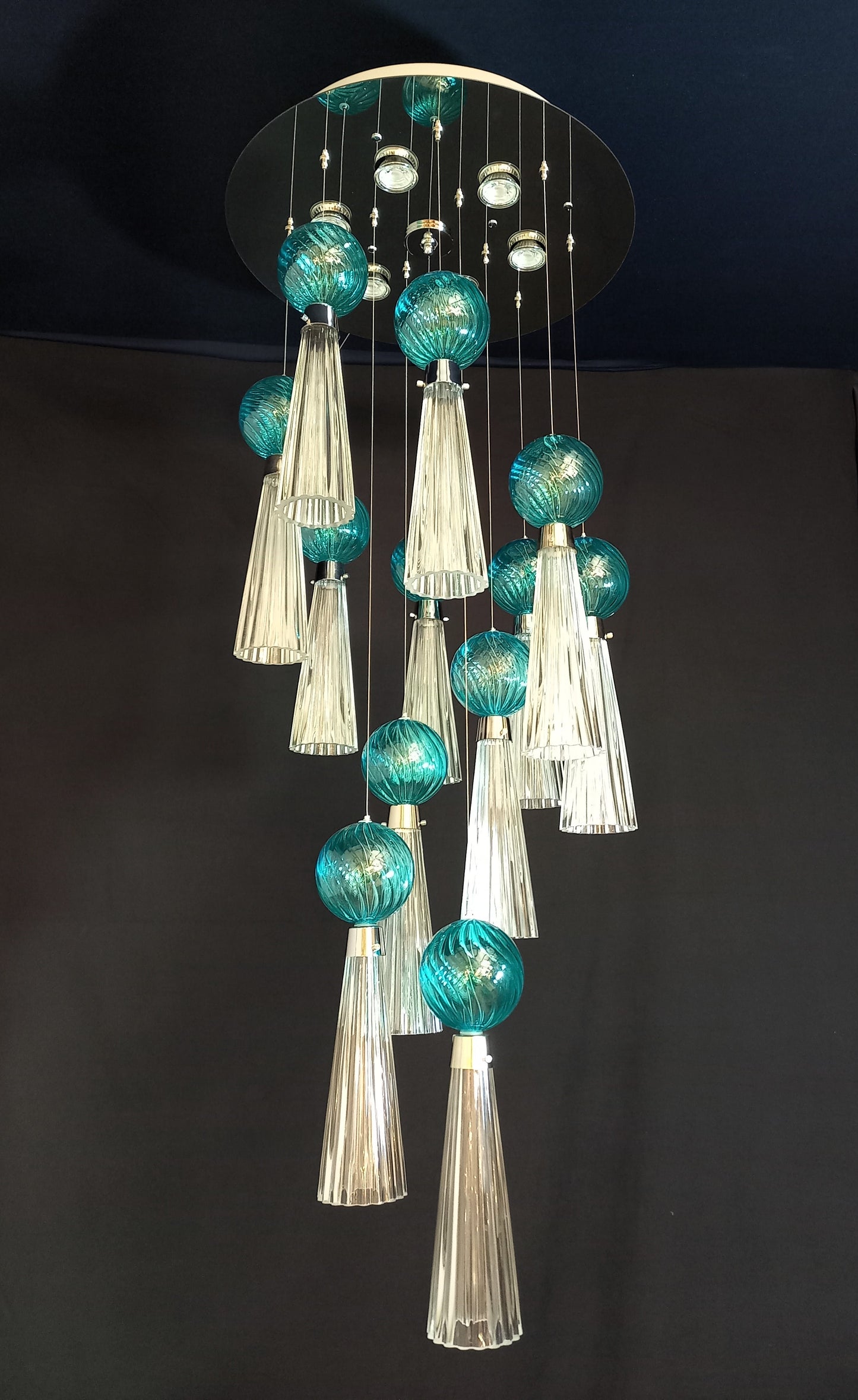 Plafoniera regolabile Vintage Art Déco con luci a led e vetro di Murano soffiato e fatto a mano, made in Murano, Italy