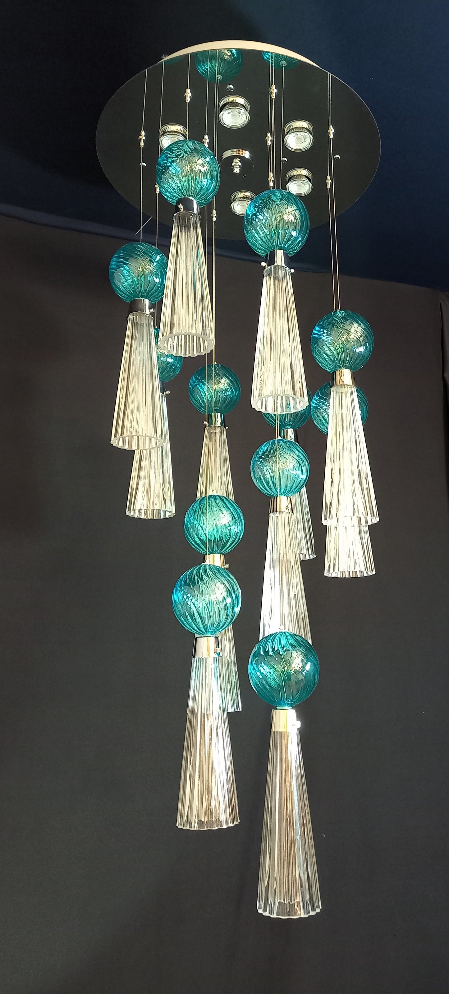 Plafoniera regolabile Vintage Art Déco con luci a led e vetro di Murano soffiato e fatto a mano, made in Murano, Italy