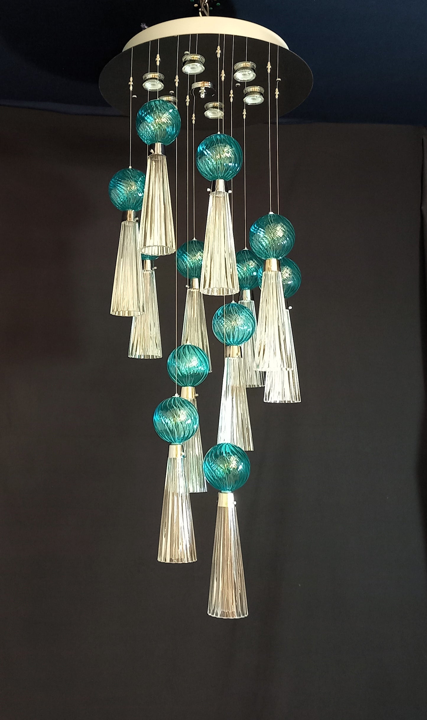 Plafoniera regolabile Vintage Art Déco con luci a led e vetro di Murano soffiato e fatto a mano, made in Murano, Italy