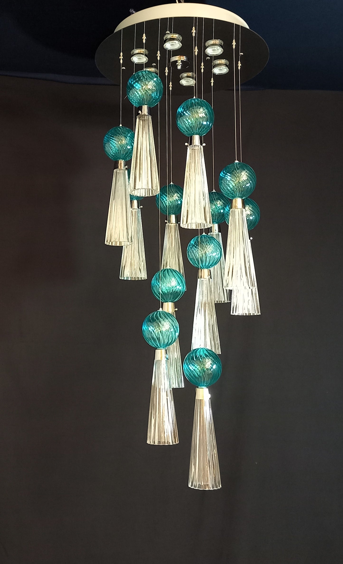 Plafoniera regolabile Vintage Art Déco con luci a led e vetro di Murano soffiato e fatto a mano, made in Murano, Italy