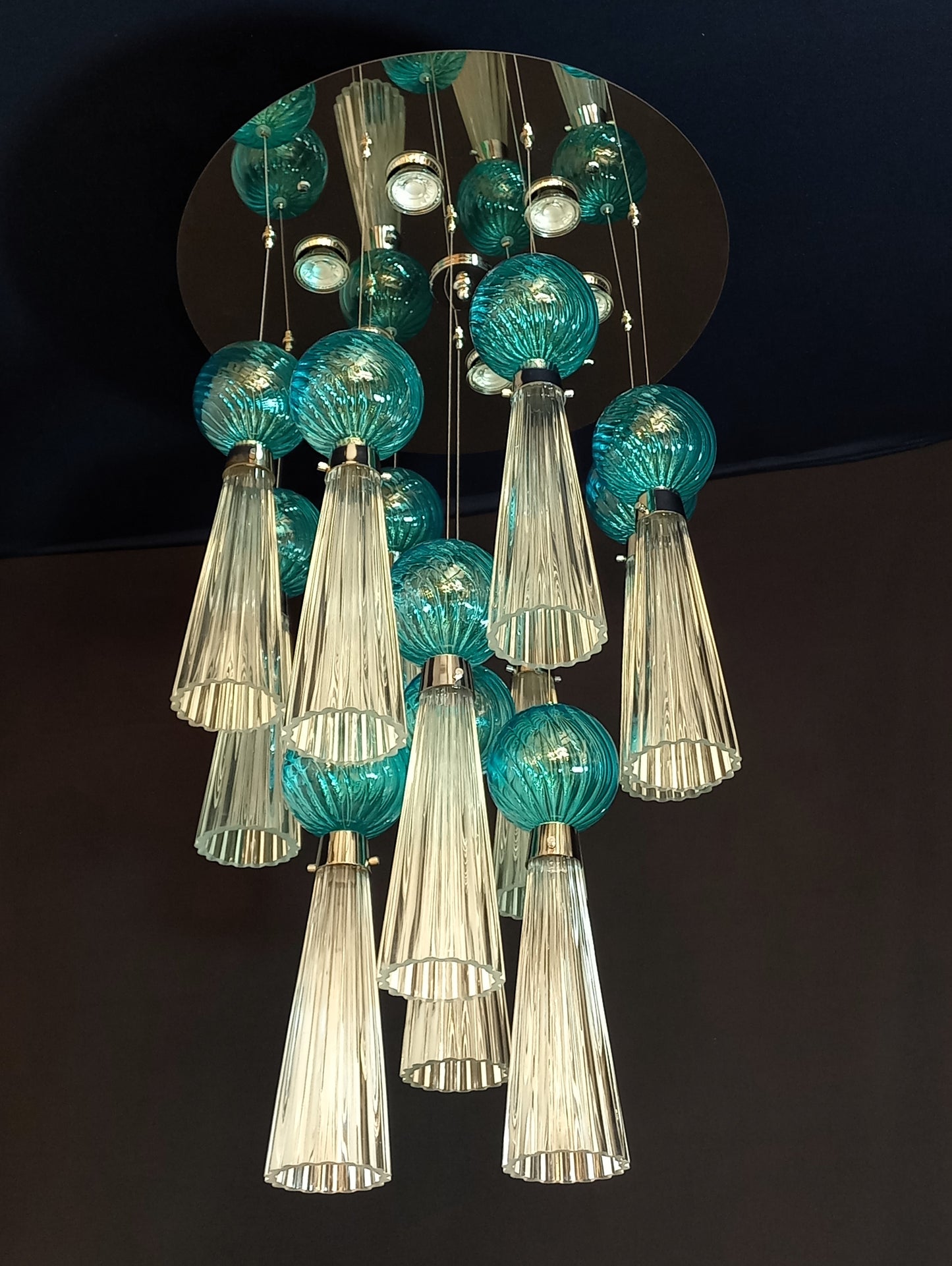 Plafoniera Vintage Art Déco con luci a led e vetro di Murano soffiato e fatto a mano, made in Murano, Italy