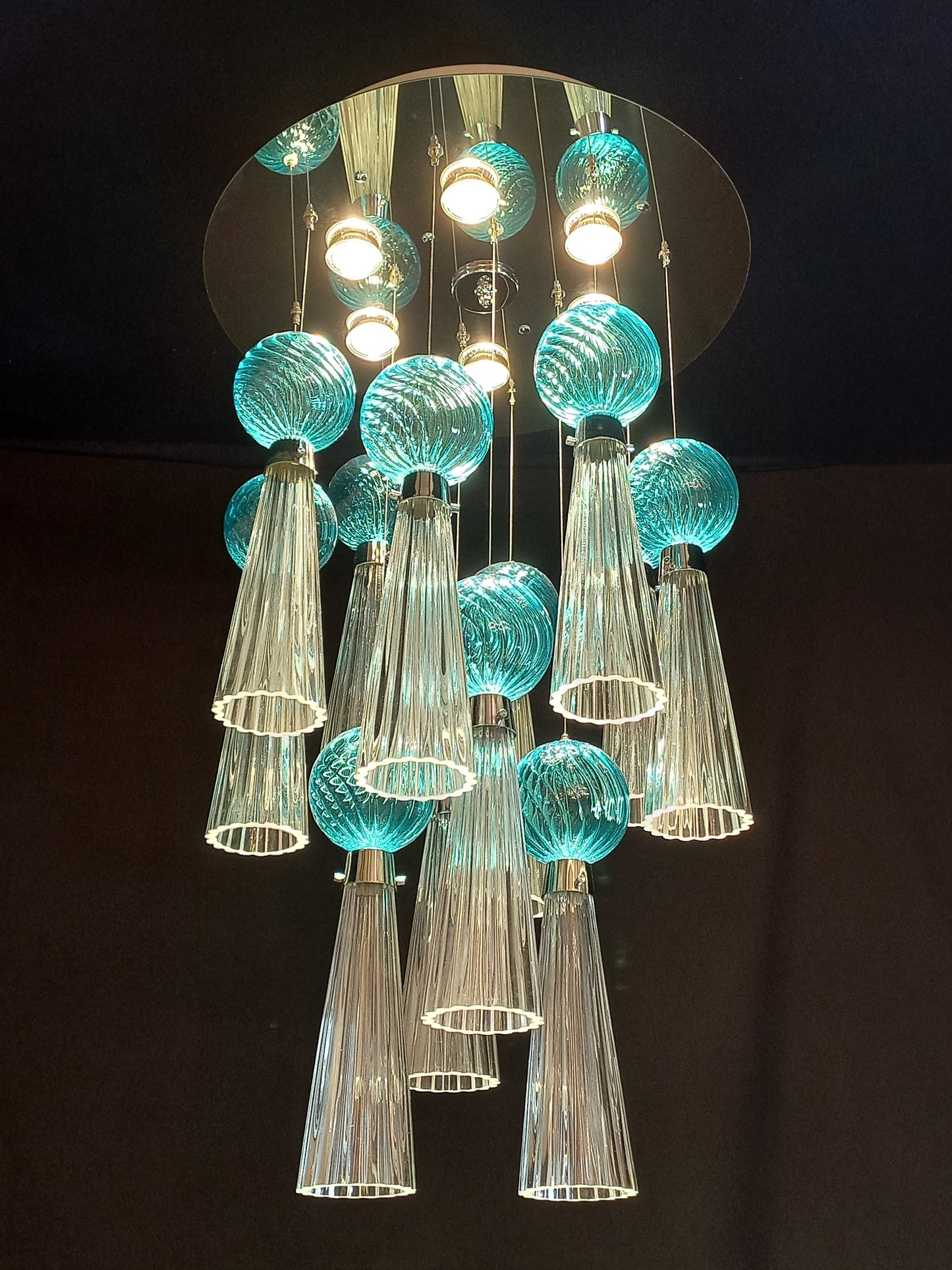 Plafoniera Vintage Art Déco con luci a led e vetro di Murano soffiato e fatto a mano, made in Murano, Italy
