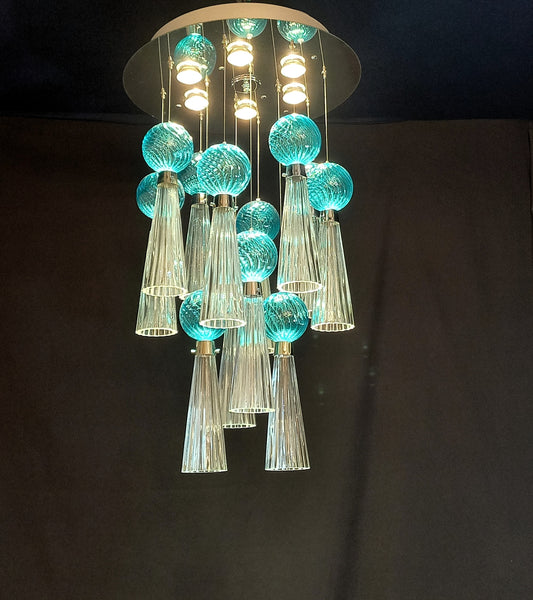 Plafoniera Vintage Art Déco con luci a led e vetro di Murano soffiato e fatto a mano, made in Murano, Italy
