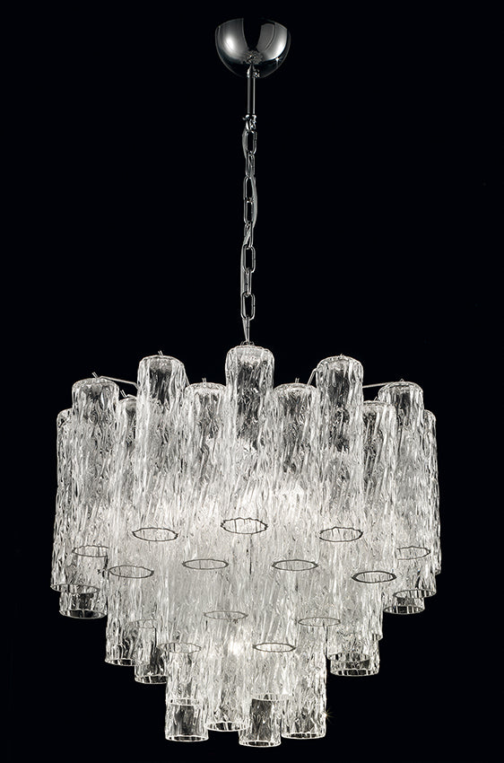 Lampadario Vintage Murano, stile Barovier, anni'80. Vetri di Murano tubi cilindro in cristallo. Designed and Made in Venice, Italy
