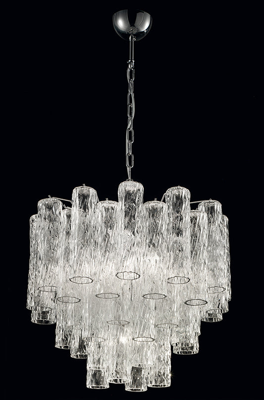 Lampadario Vintage Murano, stile Barovier, anni'80. Vetri di Murano tubi cilindro in cristallo. Designed and Made in Venice, Italy