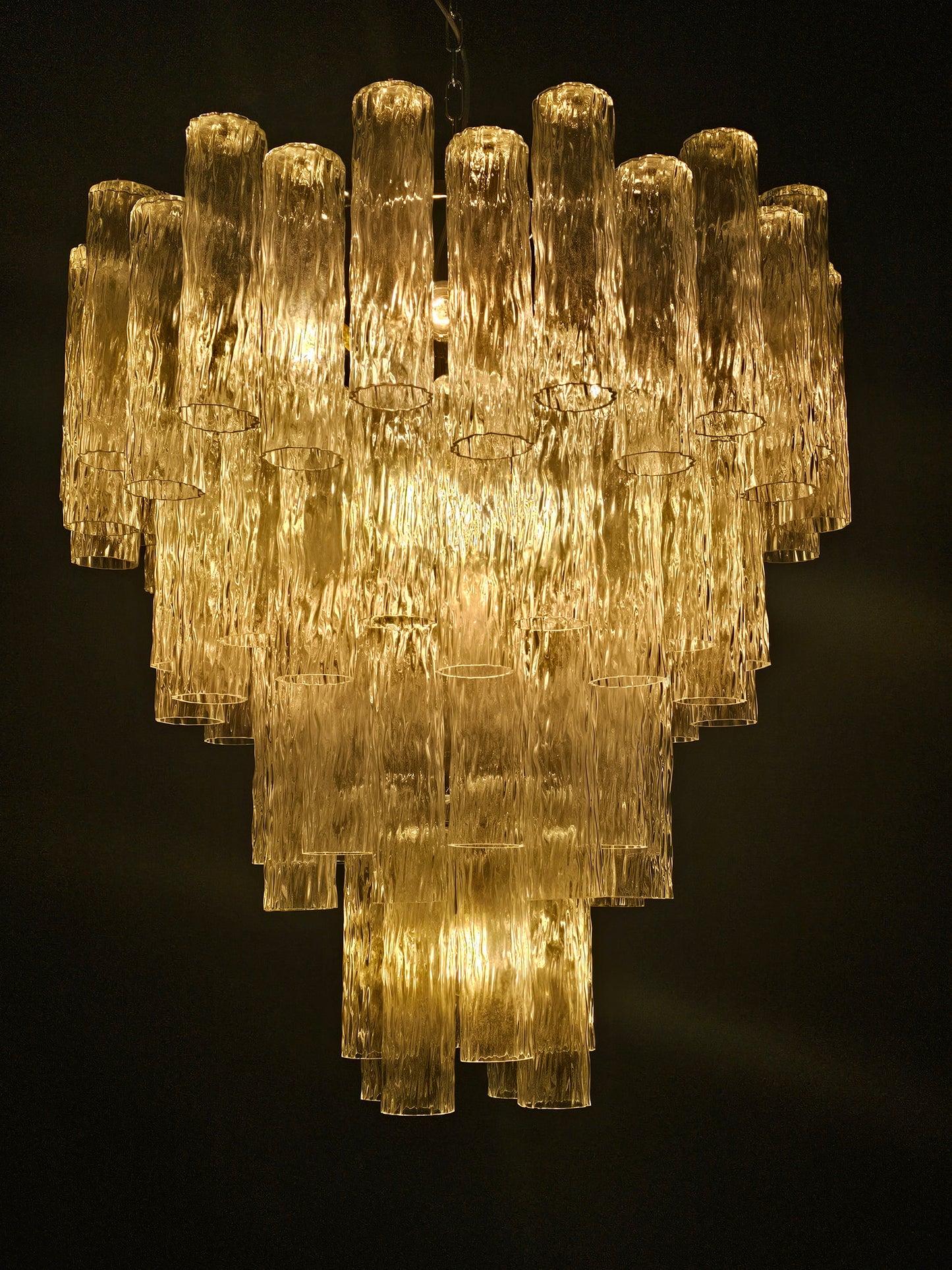 Lampadario Vintage Murano, stile Barovier, anni'80. Vetri di Murano tubi cilindro in cristallo. Designed and Made in Venice, Italy