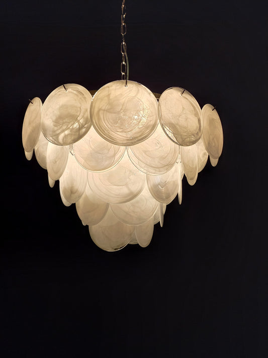 1981 Vintage Murano Disc Chandelier with handmade Alabaster Disc Glass, made in Murano, Venice, Italy