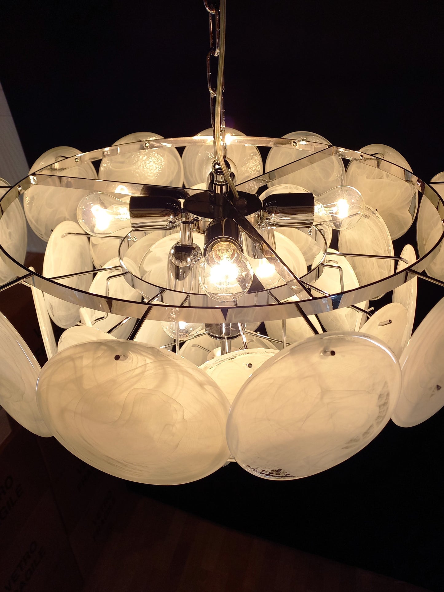 1981 Vintage Murano Disc Chandelier with handmade Alabaster Disc Glass, made in Murano, Venice, Italy