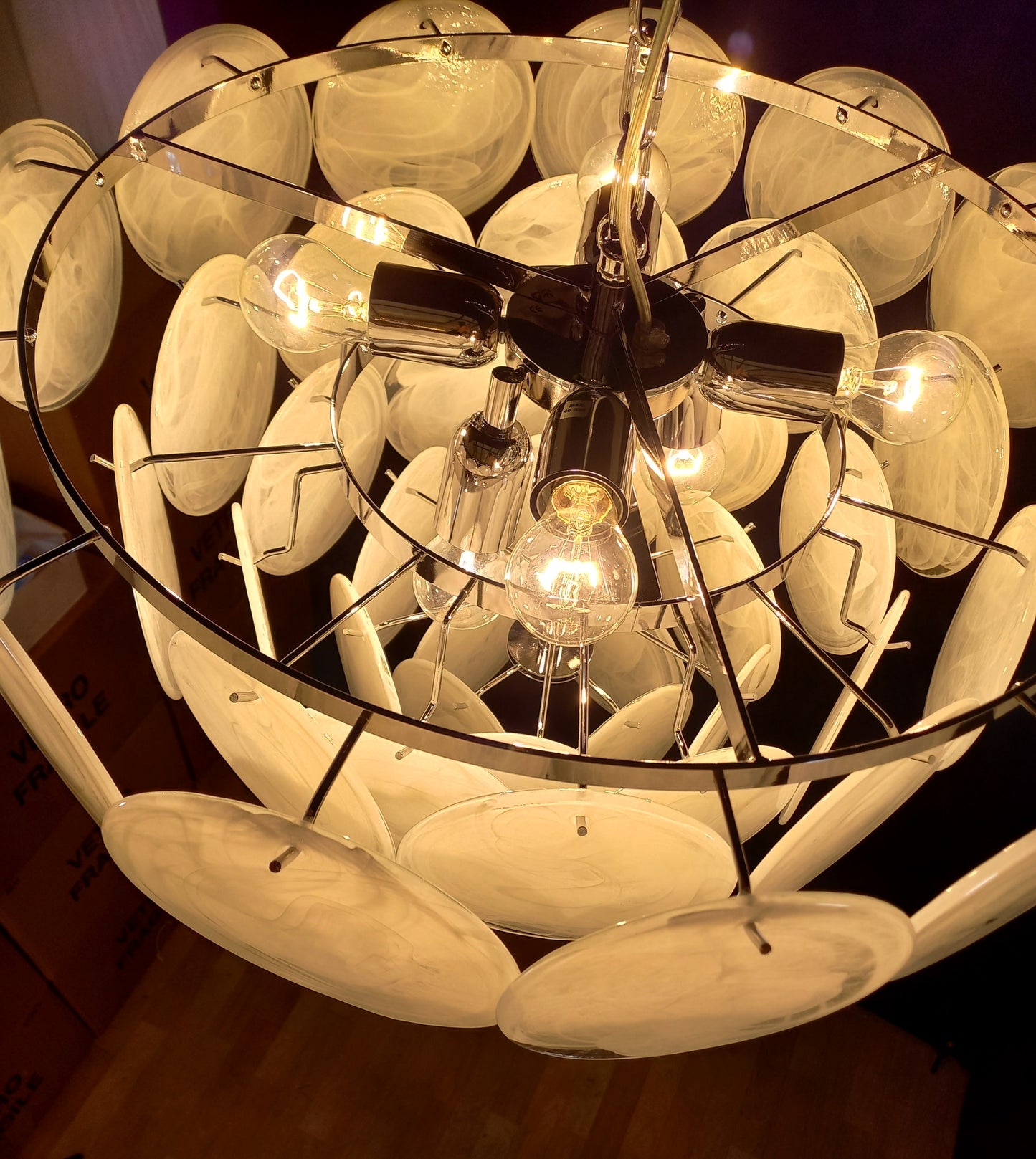 1981 Vintage Murano Disc Chandelier with handmade Alabaster Disc Glass, made in Murano, Venice, Italy