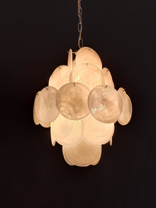 Murano Alabaster Disc Chandelier, with white Alabaster handmade Disc Glass, made in Murano Italy