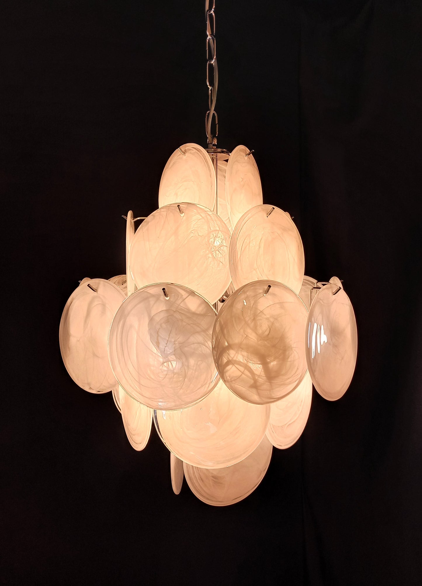 Murano Alabaster Disc Chandelier, with white Alabaster handmade Disc Glass, made in Murano Italy