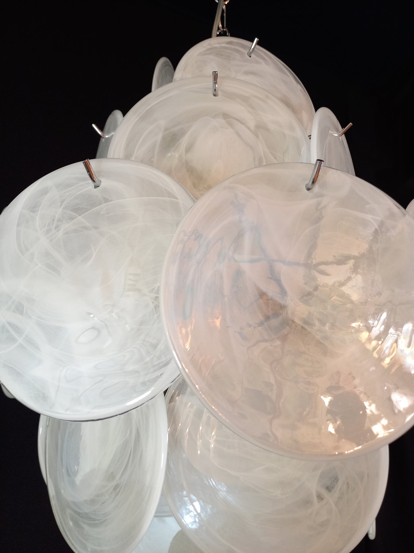 Murano Alabaster Disc Chandelier, with white Alabaster handmade Disc Glass, made in Murano Italy